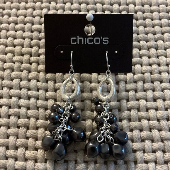 0009-Chico's Silver and Dark Bead Earrings - Picture 1 of 3